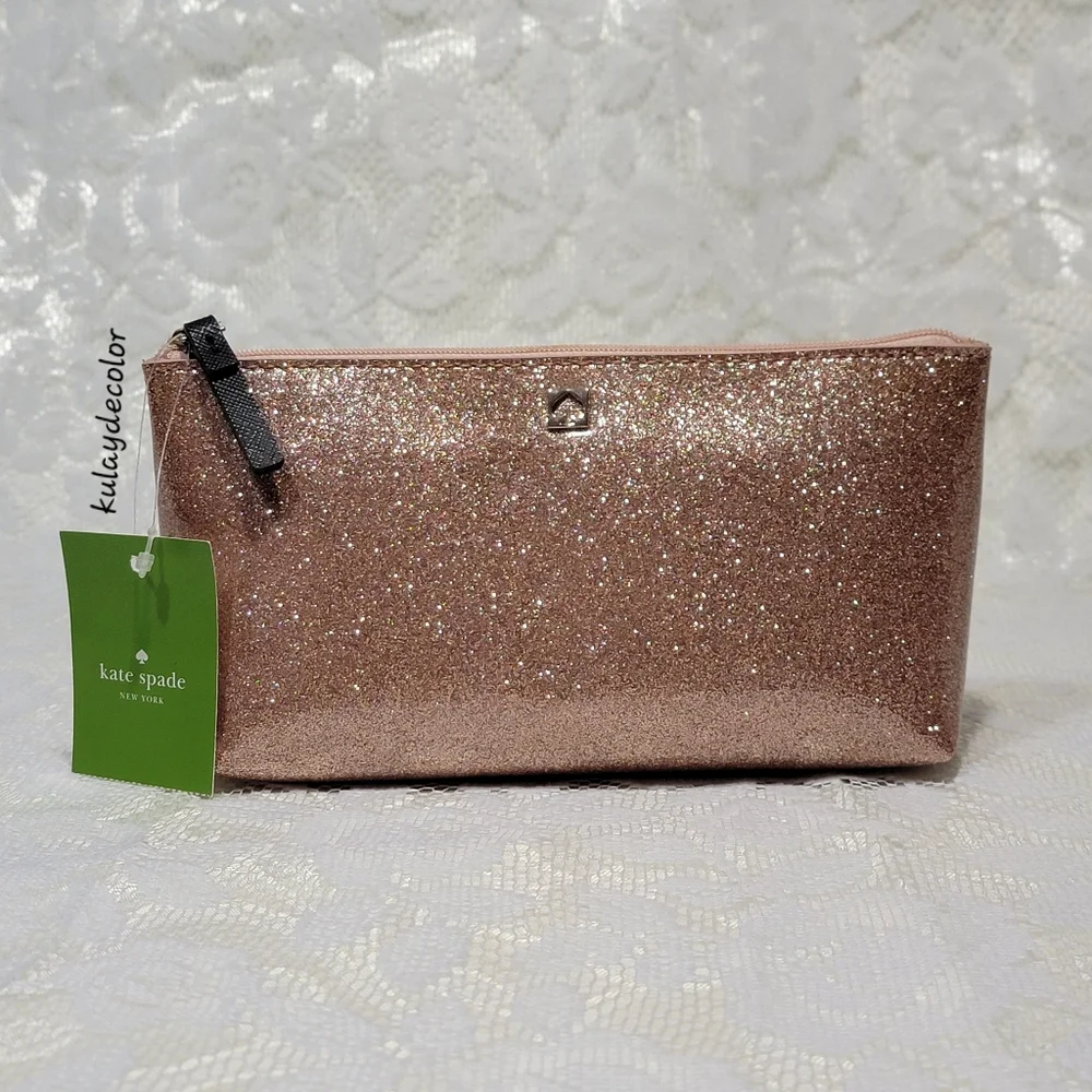 Kate Spade Clutch Makeup Bag Little Shilo Rose Gold Glitter Cosmetic Pouch NWT